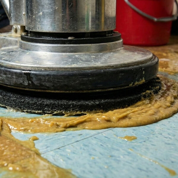close-up image of floor machine stripping old wax from a vinyl floor