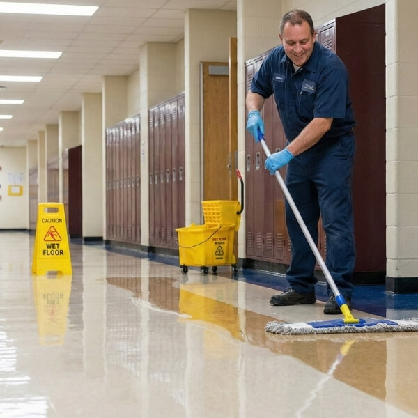 a janitor applying a new, high-gloss floor finish with a microfiber mop