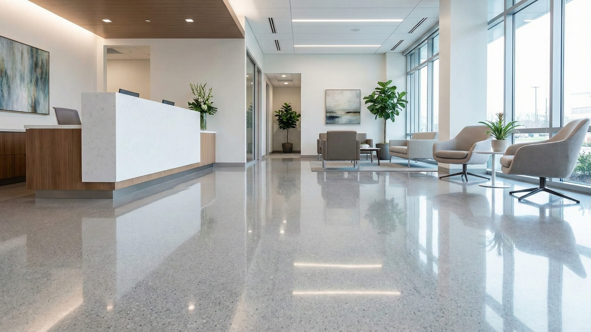 a medical office lobby with gleaming, polished floors