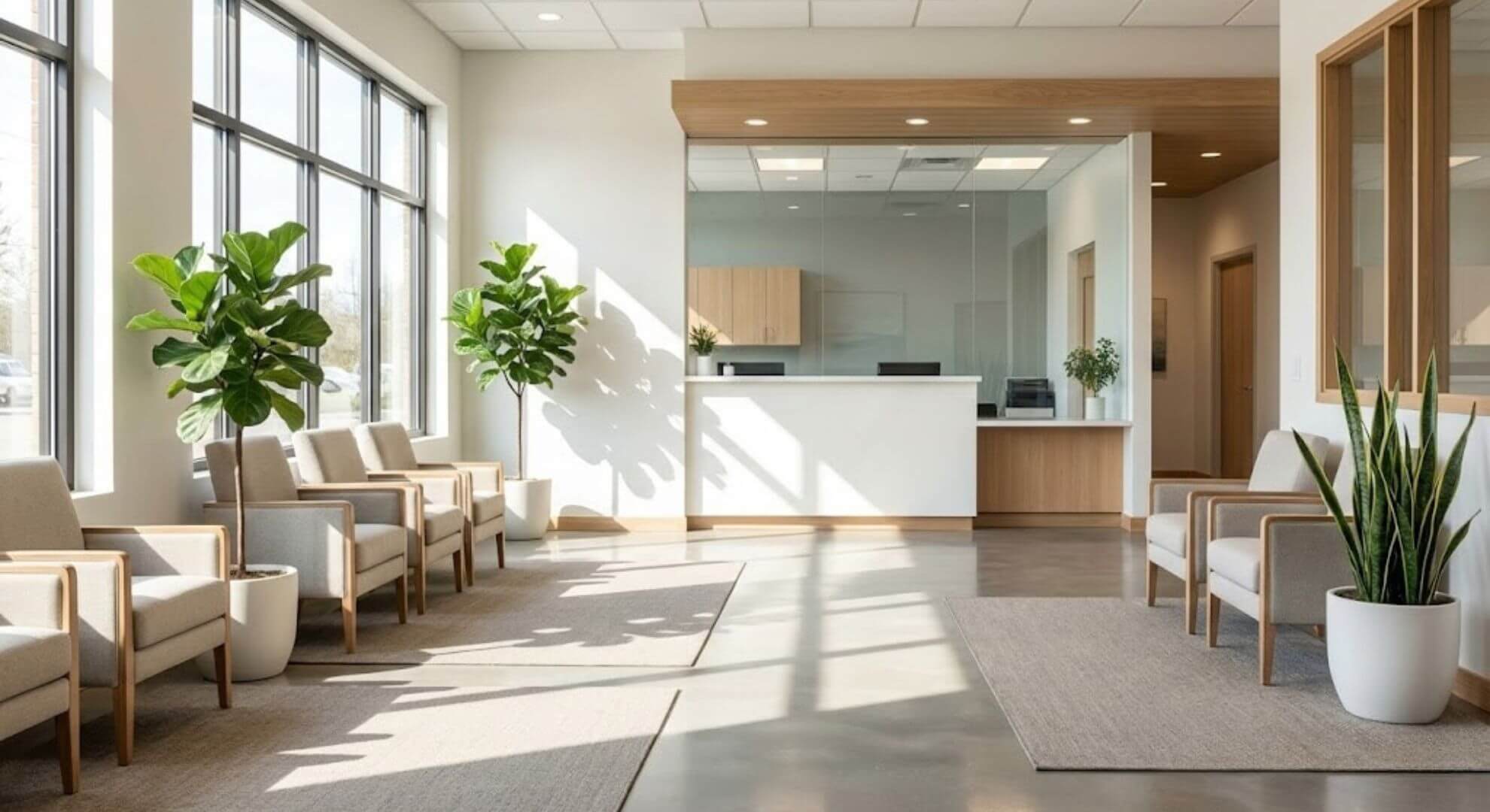 A bright, modern, and empty medical office waiting area filled with natural sunlight.