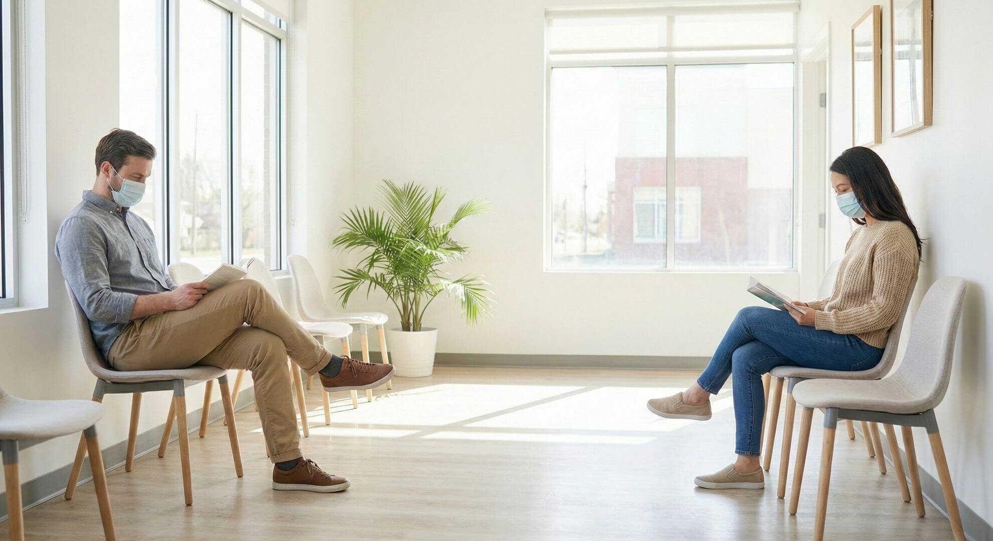 A spacious, sunlit medical waiting room with two individuals sitting socially distanced in a clean environment.