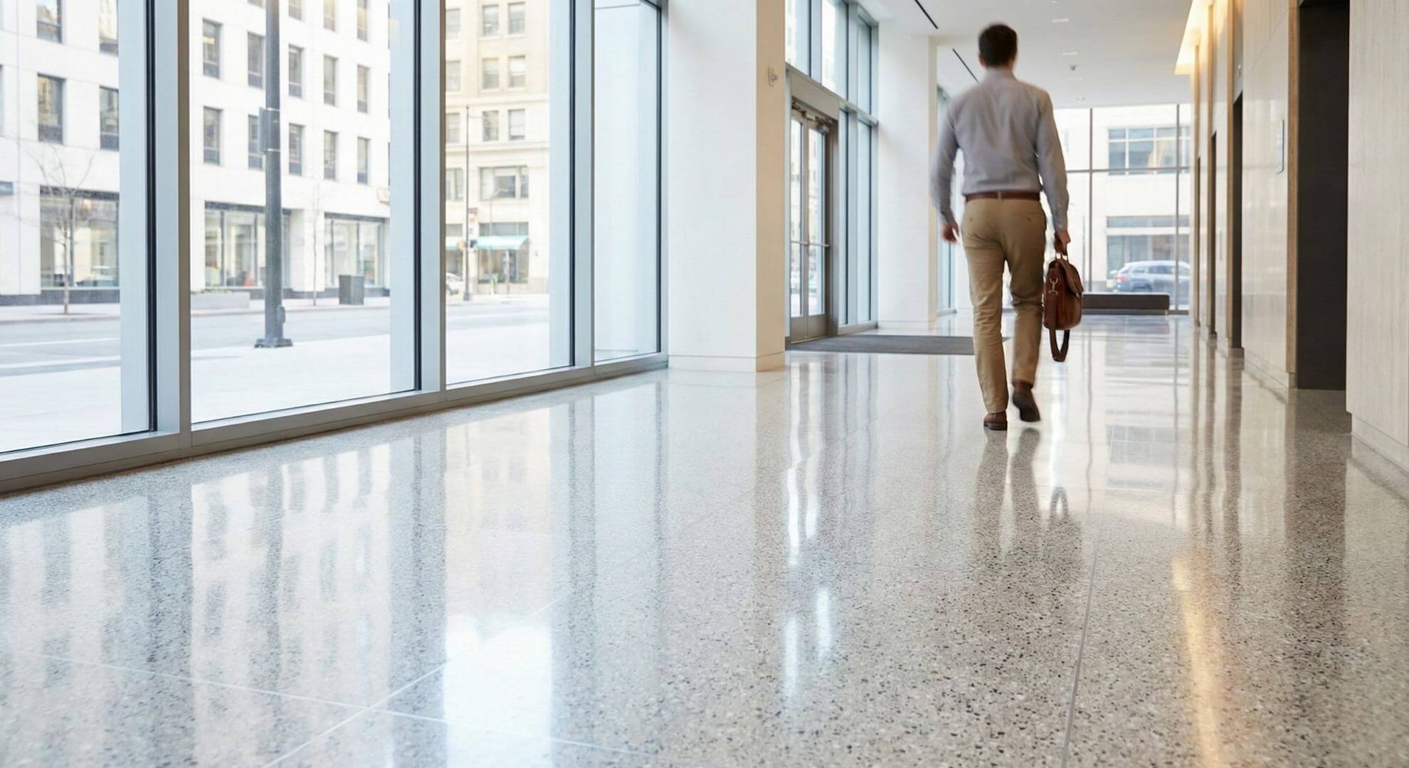 A wide view of a brightly lit modern office lobby with highly polished reflective floors.
